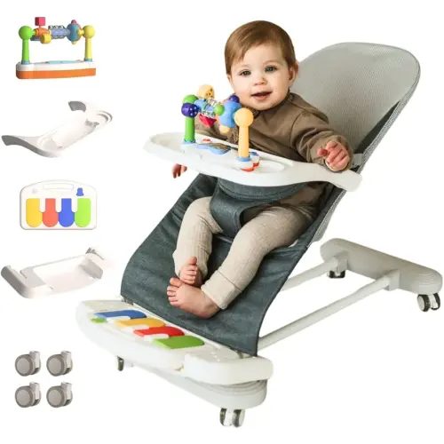 CuddoBaby Baby Bouncer 4-in-1 on Wheels |Detachable Pianos, Feeding Tray| 3-Level Recline Foldable Seat with Play Bar for Infant to Toddler 0-6, 0-12, 12-24 Months, Boy Gift Idea - Blue