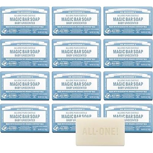 Dr. Bronner's Pure-Castile Magic Bar Soap (Baby Unscented, 5 Ounce, 12-Pack) - Made with Regenerative Organic Certified Oils, Gentle for Sensitive Skin & Babies, Non-GMO, Vegan