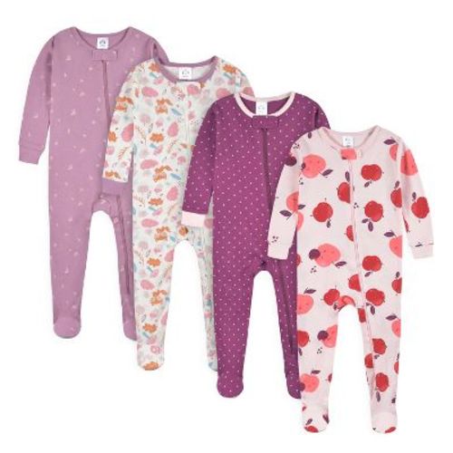 Gerber Baby Girls' 4-Pack Snug Fit Footed Cotton Pajamas, Apple & Woodland Floral, 0-3 Months
