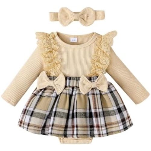 ChuYuKu Newborn Baby Girl Fall Plaid Romper Dress with Headband Toddler Winter Longe Sleeve Lace Outfit Clothes 0-18M