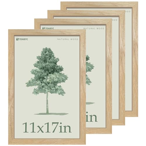 TENIBYC 11x17 Picture Frame 4 Pack, Natural Solid Wood Poster Frame with HD Tempered Glass, Elegant Wood Grain, Wall Hanging
