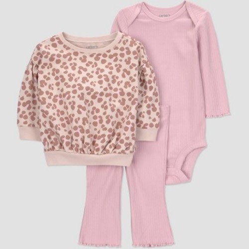 Carter's Just One You® Baby Girls' 3pc Cheetah Sweatshirt with Long Sleeve Bodysuit and Flared Leggings Set - Pink 6M