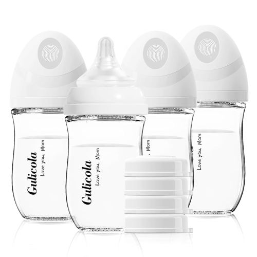 Natural Glass Baby Bottle 4 Pack, Newborn Breastfeeding Bottles Set, Extra Slow Flow Nipples (SS), Anti Colic, 0 Months+, 5 oz - White