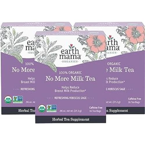 Earth Mama No More Milk Tea | Organic Herbal Tea Bags to Reduce Breast Milk Production, Stop Breastfeeding, & Wean Lactation Naturally, Postpartum Essentials, Hibiscus & Sage Decaf Tea (16-Count, 3PK)