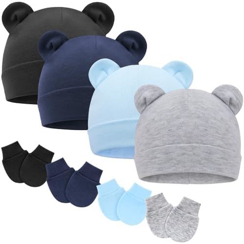 Newborn Baby Hat and Mittens Set Bear Ears Toddler Infant Beanie Caps Newborn Hospital Hat for Baby Boy Girl 0-3 Months