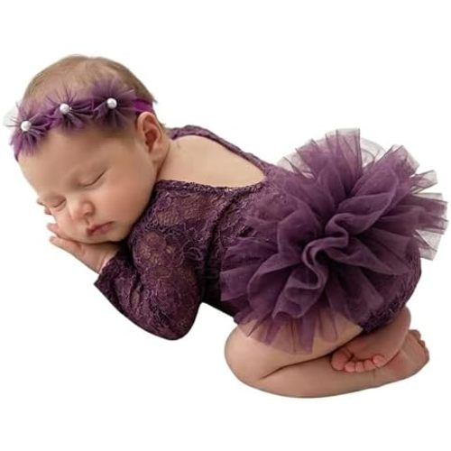 Newborn Photography Outfits Girl, Baby Girl Photoshoot Props, Lace Romper with Headband for 0-1 Months Newborn