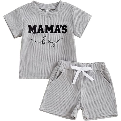 FOCUSNORM Toddler Baby Boy Summer Clothes Embroidered Waffle Short Sleeve T-Shirts Elastic Shorts Newborn Infant Boy Outfits