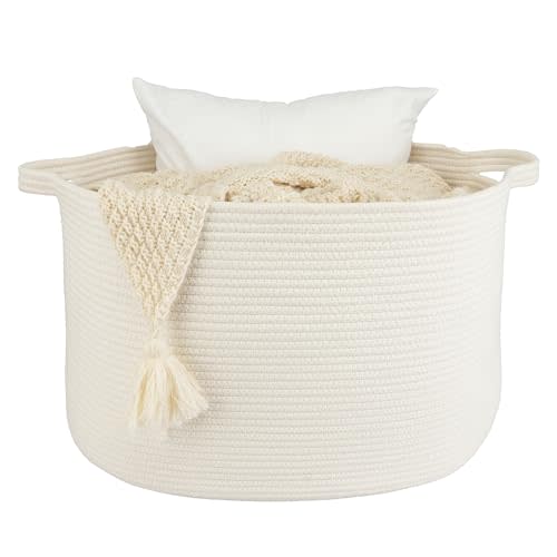XUANGUO Extra Large Cotton Rope Basket Blankets Basket Living Room 22"x14" Toy Basket for Kids Dogs Rope Storage Basket for Nursery Woven Laundry Basket for Clothes Towels Baby Toy Storage round white