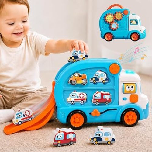 iPlay, iLearn Toddler Musical Bus Toy W/Car Slide & 3D Macthing Puzzle