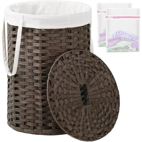 Laundry Hamper with Lid, 19.0 Gal (72 L) Round Wicker Laundry Basket, Handwoven Rattan Basket with Lid, Removable Bag, 2 Mesh Bags, Handles for Living Room, Bathroom, Brown
