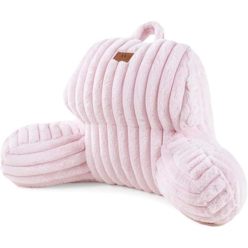 Amélie Home Faux Fur Reading Pillow with Pocket for Sitting in Bed, Kids Backrest Bed Pillow with Washable Cover for Lounging, Study & Relaxing, Light Pink 17 inches