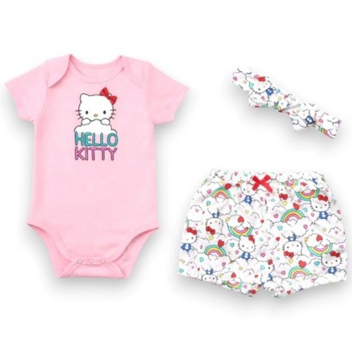 Hello Kitty Baby Girls' 3-Piece Bodysuit with Bloomer & Headband Set, Light Pink/Clouds, Newborn