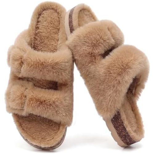 KIDMI Fuzzy Slippers for Women with Cork Footbed Fluffy Slides House Shoes