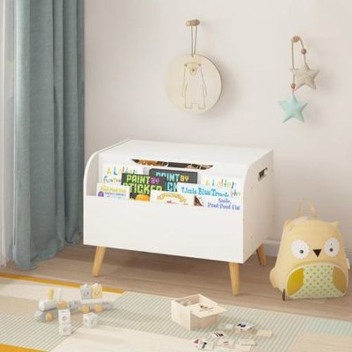 Wooden Toy Box, Kids Toy Storage Organizer with Front Bookshelf, Flip-Top Lid, Safety Hinge, Boys Girls Toy Chest Bench for Playroom White