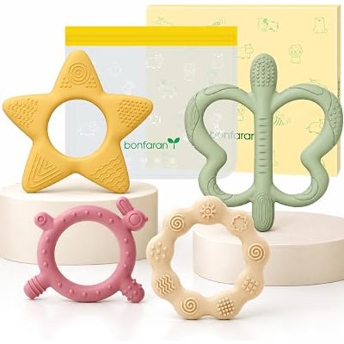 Baby Teether Set, Silicone Teething Toys, Babies 0-24M, 4 Softness Levels