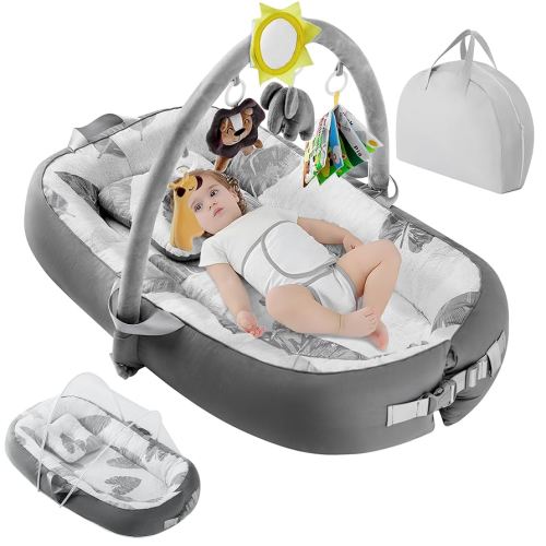 Portable Baby Lounger for Travel with 5 Toys,Breathable & Comfortable 100% Cotton Infant Lounger, Baby Nest with Fitness Rack,Machine-Washable Newborn Lounger,Newborn Essentials (Gray)