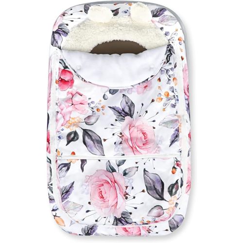 Winter Car Seat Cover for Baby, Infant Car Seat Canopies Cover for Newborn, Warm Plush Fleece Inner Protect Baby from Cold Wind, Stylish Floral
