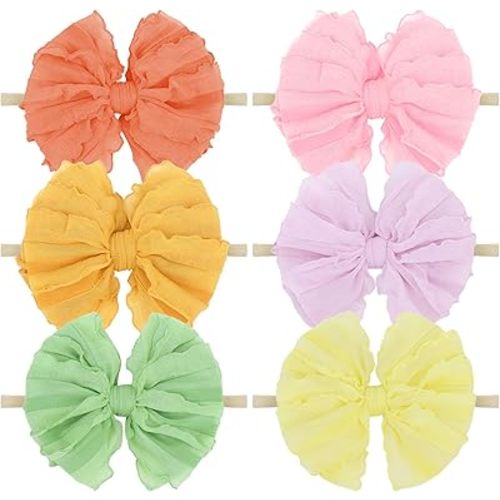 YanJie Hairband, 6pcs-Candy Color Soft Stretchy Nylon Headbands for Baby Girls, Handmade Lace Baby Girl Bows Accessories for Infants Toddlers Child, Pink Purple Yellow Green