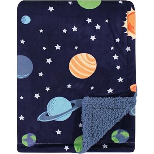 Hudson Baby Unisex Baby Plush Mink and Sherpa Blanket, Solar System, One Size