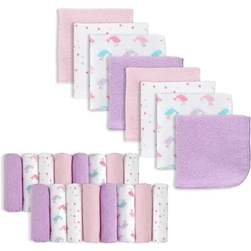 softan Baby Washcloths, 24Pack Baby Wash Cloths Extra Soft & Ultra Absorbent, Baby Towels and Washcloths Face Towel Unisex for Boys Girls Body, Washclothes Gentle on Sensitive Skin, 9x9 Pink Whale