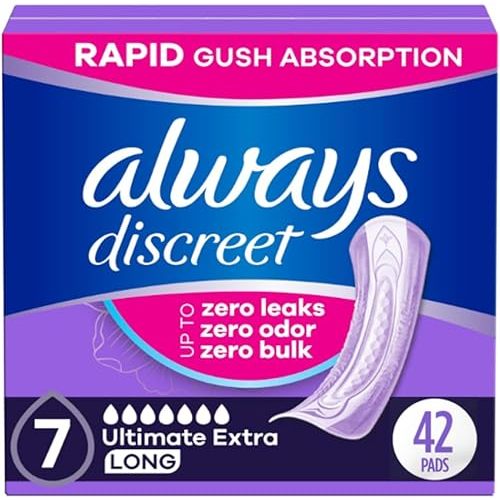 Always Discreet Adult Incontinence Pads for Women, Ultimate Extra Absorbency, Long Length, Postpartum Pads, 42 Count