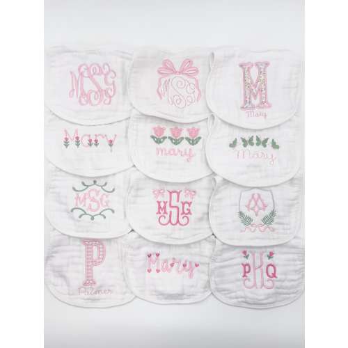 Custom Embroidered Baby Girl Muslin Bibs and Burp Cloths, Monogrammed Newborn Gift, Pink Bows and Floral Designs