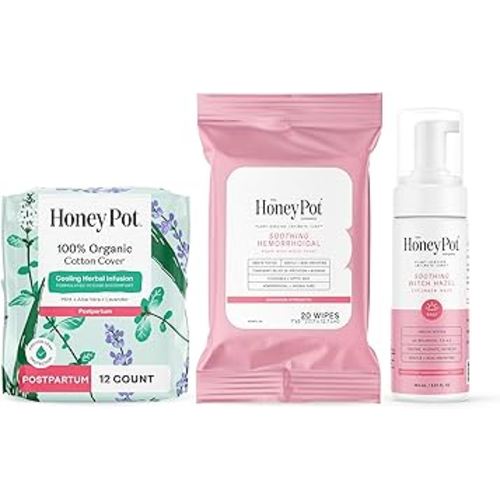 The Honey Pot Company - Postpartum Pads, Wash, & Wipe Bundle - Postpartum Essentials - 12ct Pads, Witch Hazel Feminine Wash, 20ct Witch Hazel Feminine & Hemorrhoid Wipes