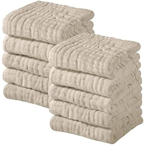 Yoofoss Muslin Baby Washcloths 100% Cotton Face Towels 10 Pack Wash Cloths for Baby 12x12in Soft and Absorbent Baby Wipes (Apricot)