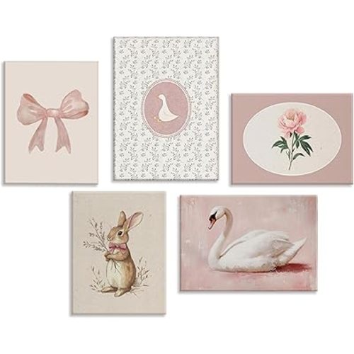 5Pcs Baby Girl Nursery Wall Art Swan Rabbit Animals Posters Pink Bow Wall Decor Flowers Canvas Painting Kids Room Picture for Girls Room Farmhouse Bedroom Prints Picture Framed
