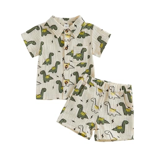 KtwHarnu Toddler Baby Boy Summer Clothes Cotton Linen Dinosaur/Duck Short Sleeve Button Dress Shirt Shorts Muslin 2 Piece Set
