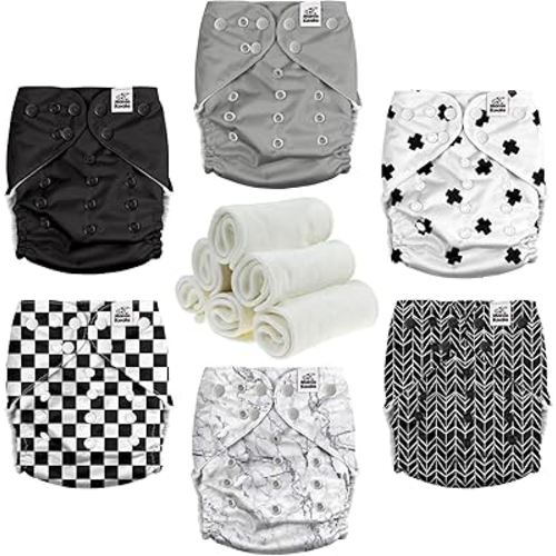 Mama Koala 3.0 Cloth Diapers for Babies with Suede Lining, 6 Pack with 6 Natural Cloth Diaper Inserts - Reusable and Washable Pocket Diapers (S-B&W)