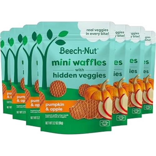 Beech-Nut Toddler Snacks, Mini Waffles with Hidden Veggies, Pumpkin Apple Cinnamon, Non-GMO, 3.2 oz Bag (7 Pack)