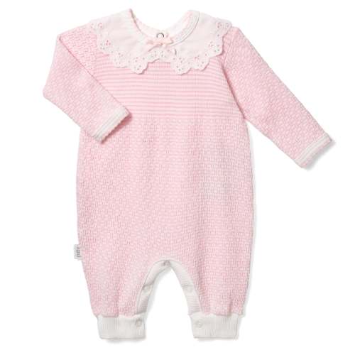 PatyKnit™ Solid Color Romper with Peter Pan Eyelet Collar