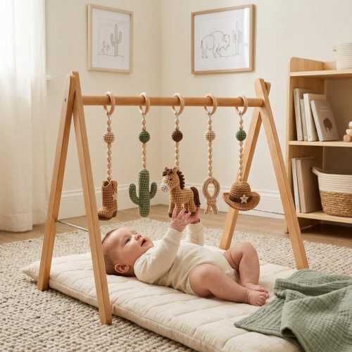 Western Baby Gym Toys Crochet Set, Cowboy Horse Bull Cactus Hanging Toys, Handmade Wooden Play Gym Accessories Baby Shower Gift