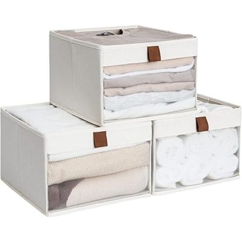 StorageWorks Closet Storage Bins, Storage Baskets with Clear Window and Handles, Foldable Fabric Organizer for Clothes, Shelves, Beige, 3 Pack
