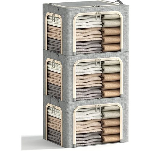 3 Openings Clothes Storage Bins with Metal Frame, Foldable Storage Bin for Clothes, Clothing Storage Bins with Lid, Linen Storage Box With Clear Window＆ Zippers＆ Durable Handles.(3 Pcs,Light Grey,40L)