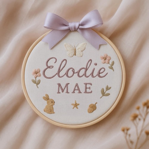 Personalized Baby Name Embroidery Hoop, Floral Bunny Wall Decor with Bow, Custom Woodland Nursery Sign, Elodie Mae Keepsake Gift