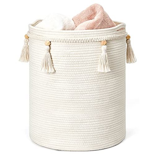 Mkono Macrame Decorative Cotton Rope Basket Boho Cute Woven Tassel Tall Basket Closet Storage Bins Organizer for Nursery,Baby Toys, Potted Plants Cover,Living Room,Bedroom Home Decor 15.7"x 19.6"