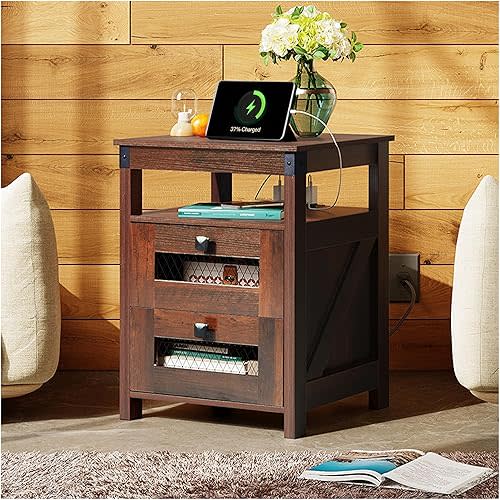 WLIVE Nightstand with Charging Station, Farmhouse End Table, Side Table with 2 Storage Drawers and Open Shelf, Wood Rustic Nightstands for Living Room, Bedroom, Espresso