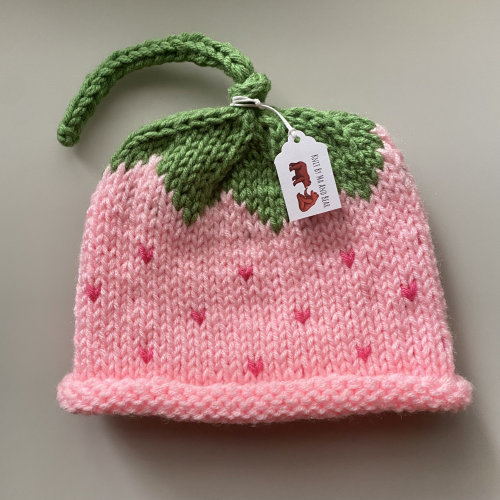 Knit pink strawberry fruit hat; adult, toddler, baby caps; Mommy & me beanie sets; handmade baby shower gift; summer, spring newborn infant