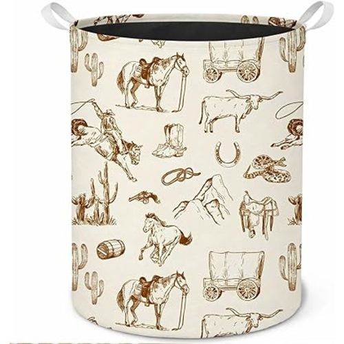 Retro Cowboy Western Laundry Basket, Boho Southwestern Country Cowboy Cactus Laundry Hamper Waterproof Collapsible Clothes Toys Storage Basket for Bedroom Bathroom Home