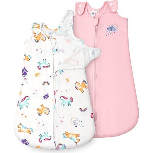 TILLYOU Cotton Sleep Sack 2 Pack - TOG 1 Baby Wearable Blanket with 2-Way Zipper, Extra Soft Sleeveless Sleeping Bag for Infants, 6-12 Months, Unicorn & Pink
