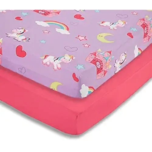EVERYDAY KIDS 2 Pack Fitted Girls Crib Sheet, 100% Soft Breathable Microfiber, Baby Sheet, Fits Standard Size Crib Mattress 28in x 52in, Nursery Sheet - Unicorns/Hot Pink