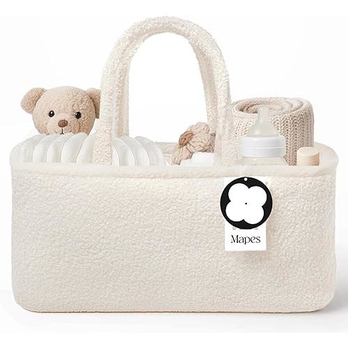 MAPES Canadian Baby Diaper Caddy Organizer - Elegant Soft Sherpa Basket, Minimalist Portable Storage for Diapers, Wipes and Baby Stuff, Nursery Organizer Holder Tote Bag, Best Gift for Baby Shower