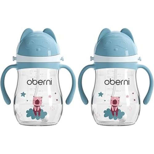 No Spill Sippy Cups, Double Sealing Leakproof Water Bottle with Weighted Straw and Non-Slip Handle for Toddler 1-3 Years, Tritan Baby Cups 12+ Months, 270ml/9oz (2Pack,Blue)