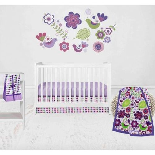 Bacati - Botanical Floral Birds Purple Multicolor 4 pc Crib Bedding Set with Diaper Stacker
