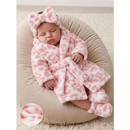 Cozy Pixies Newborn Pink Leopard Print Round Neck Long Sleeve Tie-Up Plush Robe, Versatile Comfortable Fleece Bathrobe, Moisture-Absorbing Cold-Resistant Pajama Cover-Up, Cozy Fashionable Cute Casual Minimalist All-Match Style, Suitable For Indoor, Outdoo