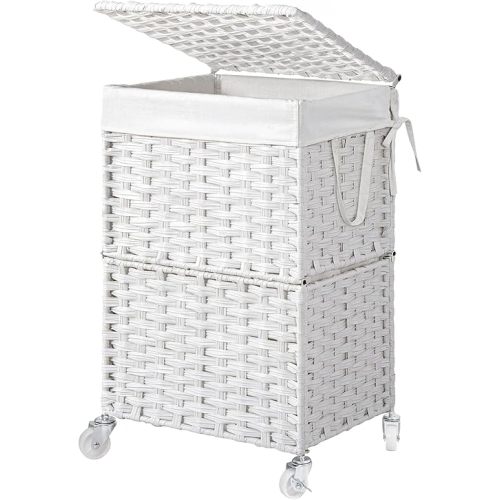 Chrislley 90L Slim Laundry Hamper with Wheels, Wicker Rolling Laundry Basket with Lid and Renovable Liner Bag, Handwoven Rattan Organizer for bedroom, bathroom, laundry room (White)