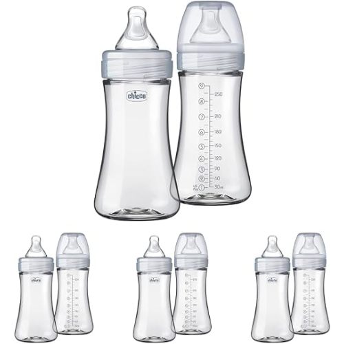 Chicco Duo 9oz. Hybrid Baby Bottle with Invinci-Glass Inside and Plastic Outside | Dishwasher, Bottle Warmer, and Electric Sterilizer Safe | Intui-Latch Nipple | Clear/Grey, 2pk (Pack of 4)