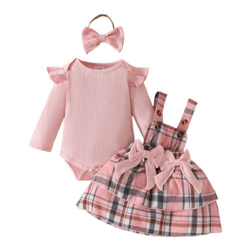 CAICJ98 Baby Girl Clothes Fall Winter Outfit Long Sleeve Ruffle Romper Plaid Skirt Bow Headband 3 Pcs Set Pink,Size 6-9 Months